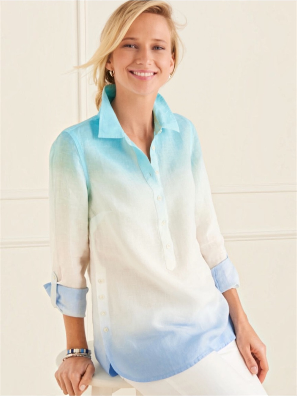 Talbots 100% Linen Tunic Dip Dye Long Sleeve Size M Petite
